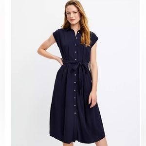 Loft Petite Midi Pocket Shirtdress Size 8 Petite Navy Blue